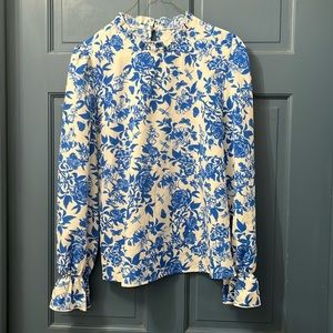 Ladies Blue and White Floral Long Sleeve Blouse